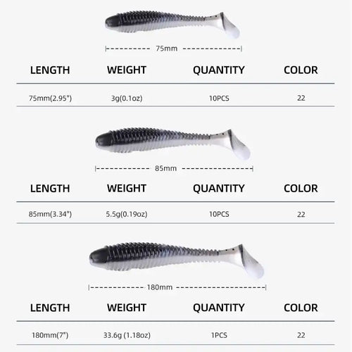 Set of soft paddle tail lures showing 75mm, 85mm, and 180mm size options.