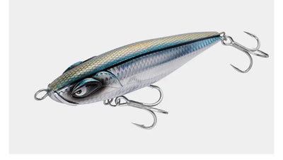Blue-green pencil fishing lure with lifelike scales and silver belly, treble hooks