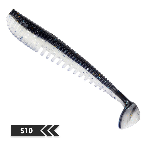 Soft silicone shad fishing lure, black back with white belly and speckles, paddle tail