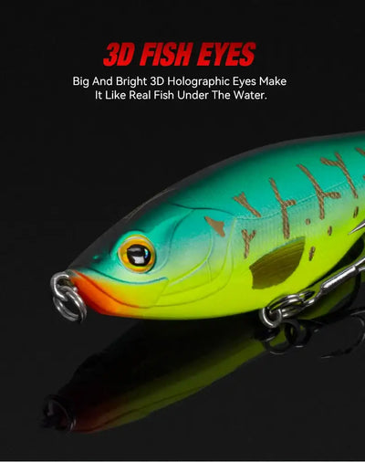 Floating hard fishing lure, neon green body with orange head and 3D eye
