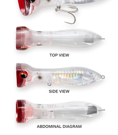 Floating popper-style lure shown top and side views, clear body with red head