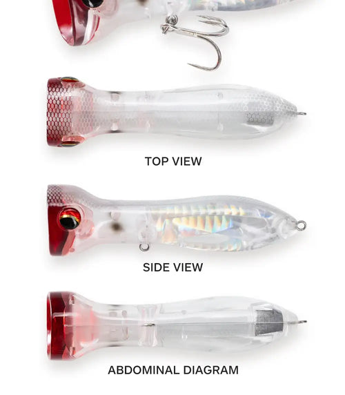 Floating popper-style lure shown top and side views, clear body with red head