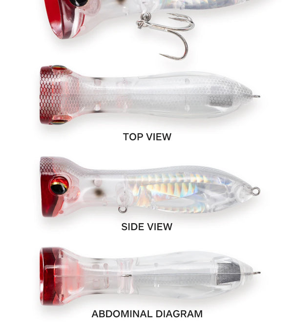 Floating popper-style lure shown top and side views, clear body with red head