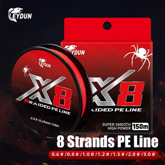 Red braided PE fishing line spool with matching product box, 150m line roll