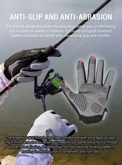 White and black fishing gloves with anti-slip palm and reinforced fingertips
