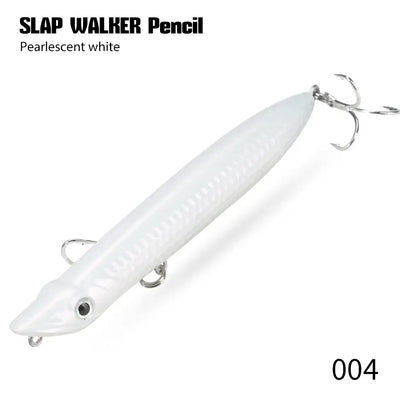Pearlescent white pencil fishing lure with treble hooks