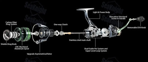 Silver and black SeaKnight WR4 Windrunner IV spinning reel with carbon fiber drag and CNC aluminum spool