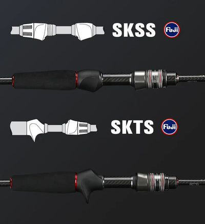 Fishing rod reel seat area showing SKSS and SKTS styles with guide blank
