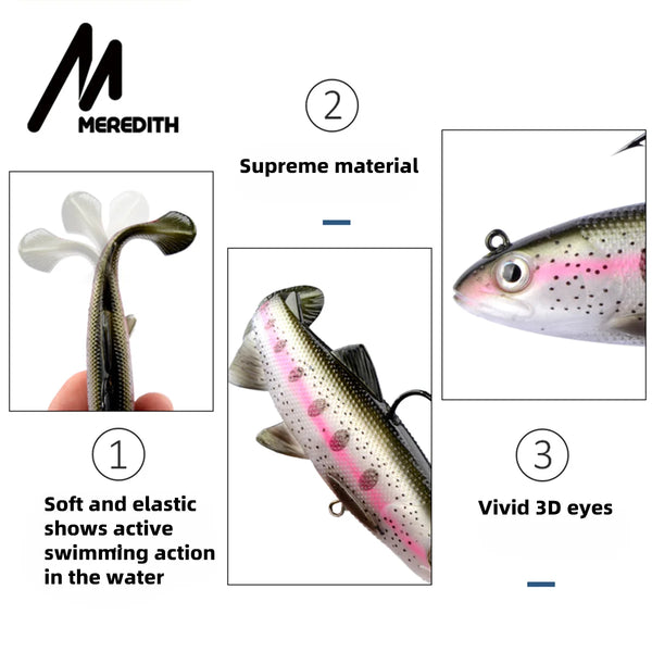 Soft plastic swimbait lure in pink speckle pattern, black hook and 3D-style eye