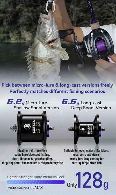 Baitcasting reel micro and long-cast spool options with 6.2g and 6.6g sizes.
