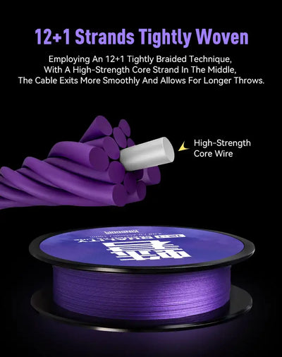 Purple 12+1 braided fishing line spool with strand construction diagram