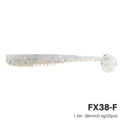 Soft plastic fishing lure, translucent body with blue speckles and round grub tail