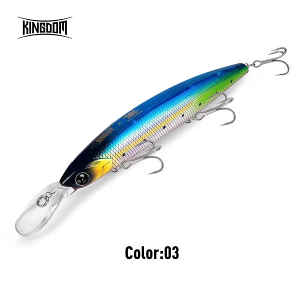 Sinking minnow lure in color 03, blue and green iridescent finish with black eye