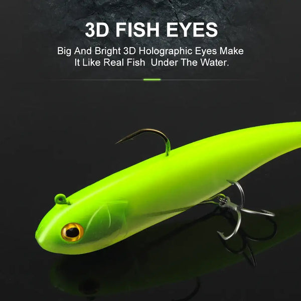 Neon green soft swimbait lure with 3D fish eyes and treble hook