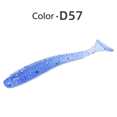 Soft paddle-tail swimbait lure, blue with speckles and ridged body (Color D57).