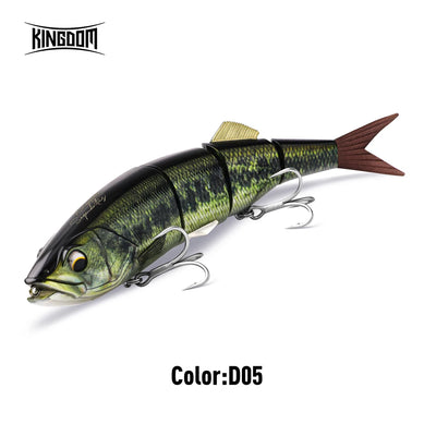 Hard-body jointed swimbait lure in green-black pattern with metal treble hooks
