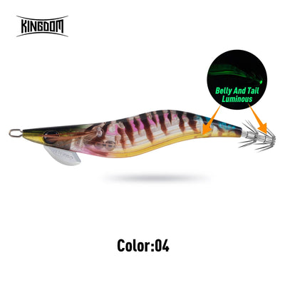 Kingdom Far squid jig lure, yellow and pink striped body with luminous belly and tail