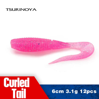 Pink curled tail soft grub worm fishing lure with glitter speckles