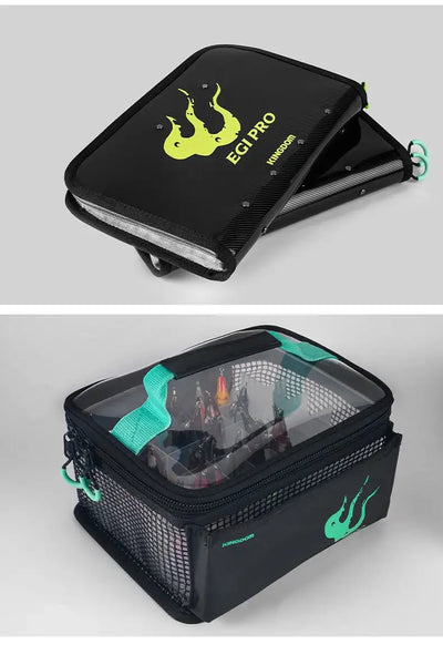 Black egi storage bag with green octopus logo, opened lid, and teal carry handles