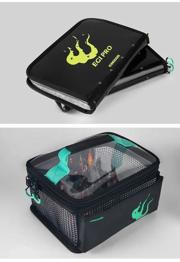 Black egi storage bag with green octopus logo, opened lid, and teal carry handles