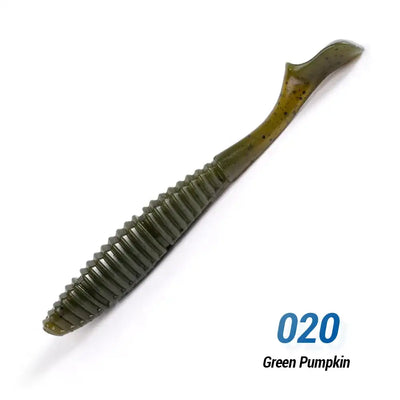 Green pumpkin soft silicone swimbait lure with ribbed body and tapered tail.