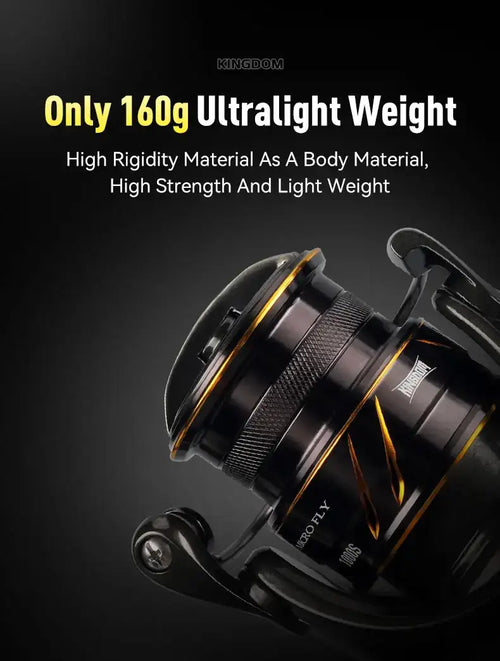 Black spinning reel close-up with gold spool rim and handle, angled view