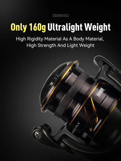 Ultra-light spinning reel close-up with textured handle and gold ring on spool