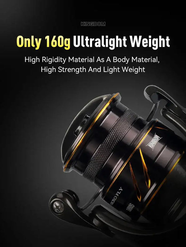 Ultra-light spinning reel close-up with textured handle and gold ring on spool