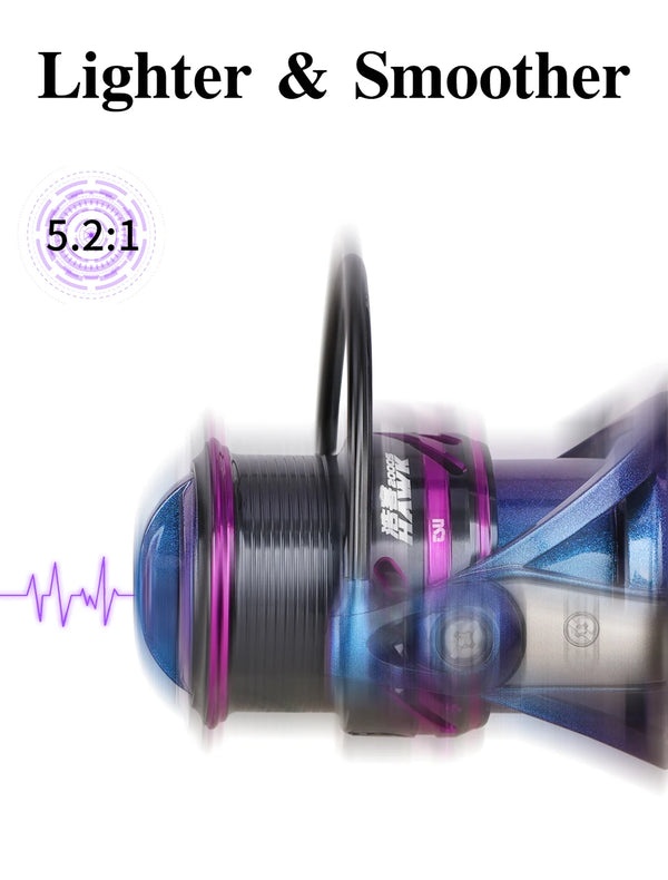 Spinning reel close-up with 5.2:1 label and Lighter & Smoother gear ratio