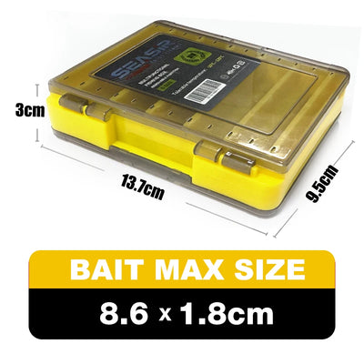Bright yellow tackle box with clear lid and molded latches, rectangular bait organizer