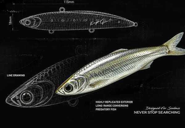 Basstaor sinking lure with size markings, silvery body with yellow eye and treble hooks