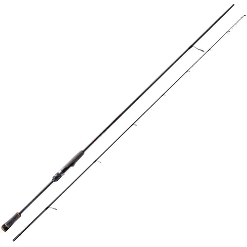 Long spinning fishing rod with line guides and black textured handle at one end.