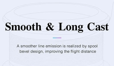 Fishing reel spool diagram labeled Smooth & Long Cast with bevel spool design
