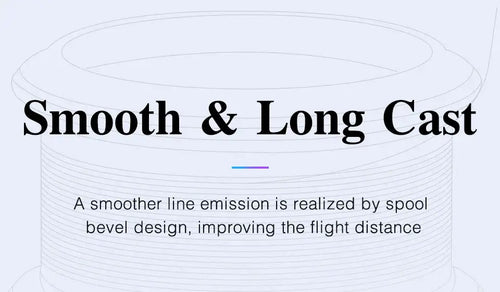 Fishing reel spool diagram labeled Smooth & Long Cast with bevel spool design