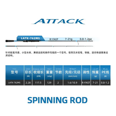Spinning rod model LATK-762MS, R-FAST action, blue/black two-section graphic