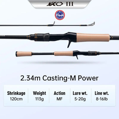 2.34m casting fishing rod with cork handle and black carbon blank, MF action