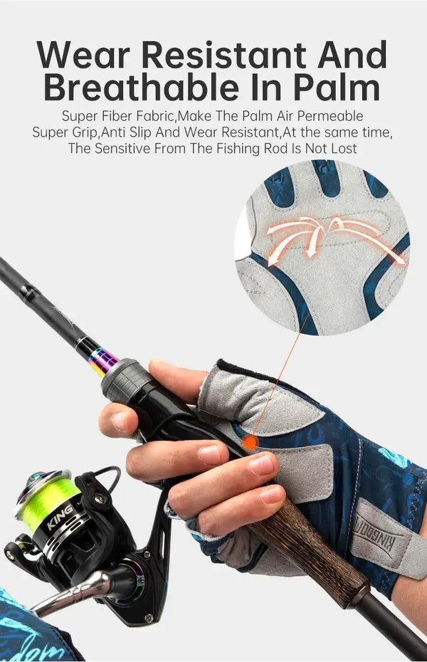 Half-finger ice silk fishing gloves with textured palm grip in blue and gray
