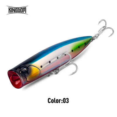 Floating topwater popper lure, Color 03: blue, rainbow sheen with treble hooks