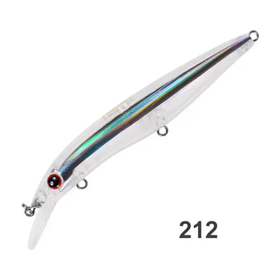 White floating minnow hard fishing lure with holographic side stripes, treble hooks