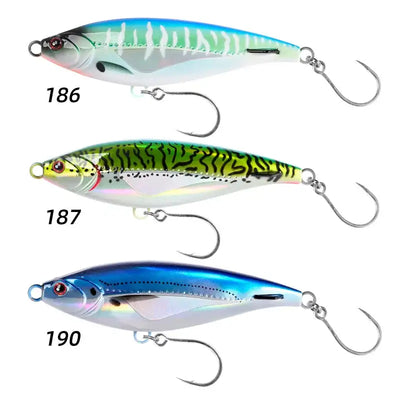 Three stickbait lures: white-blue stripe, green tiger pattern, and blue-purple with treble hooks