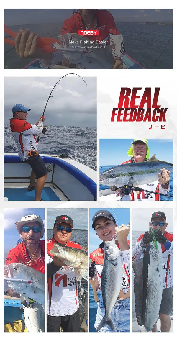 NOEBY Fishing lure promotional collage featuring anglers holding bait
