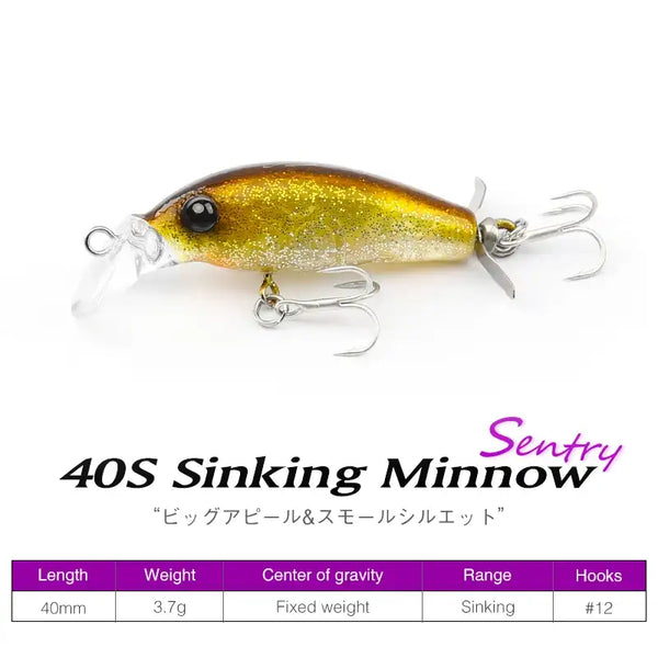 TSURINOYA Sinking minnow lure in gold and green glitter with metal treble hooks