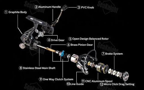 Black graphite seaknight archer2 spinning reel with aluminum handle brass components and cnc aluminium spool