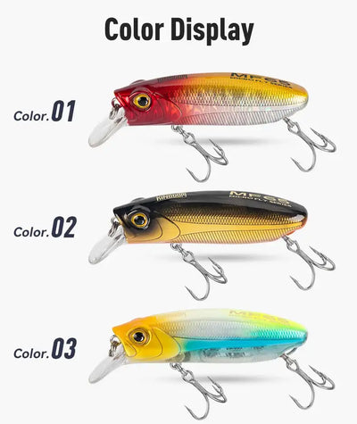 Crankbait lure color display showing three painted minnow lures with treble hooks