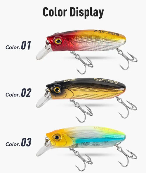Crankbait lure color display showing three painted minnow lures with treble hooks