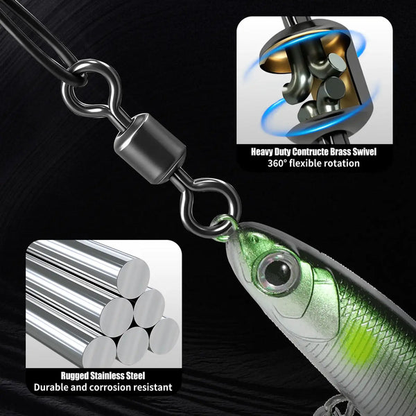 Brass swivel and steel fishing wire leader with crosslock snap, attached to a green lure