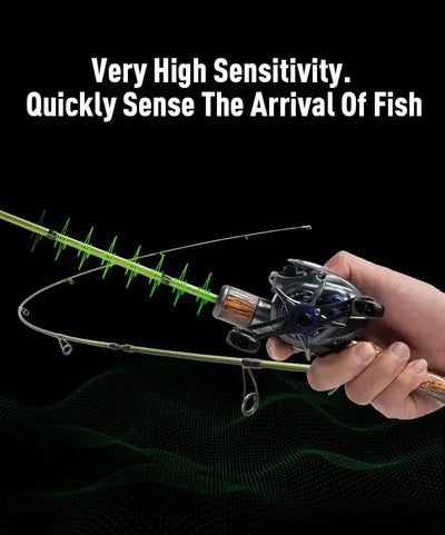 Hand holding lime green fishing rod with attached spinning reel above water
