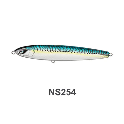 White hard stickbait with blue stripes and yellow tint, metal rings, NS254.
