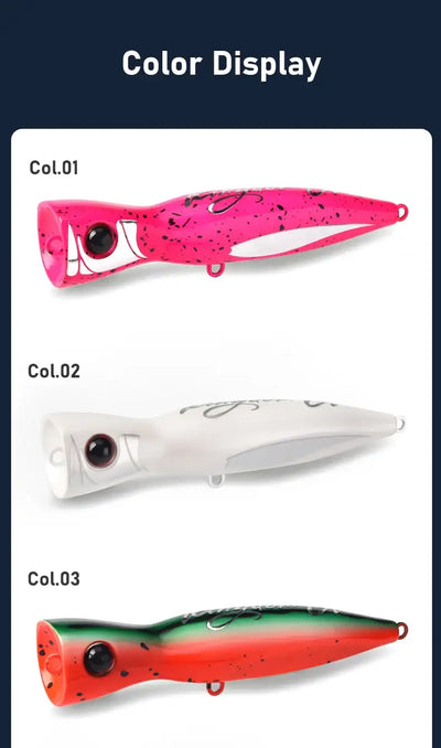 Color display card with pink, white, and red fish-shaped popper lures
