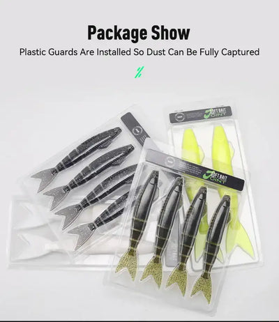 Set of jointed soft swimbait lures in clear packaging, mixed colors shown